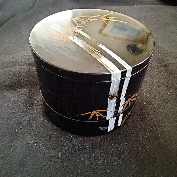 Trinket Jewelry Box Vintage Black Lacquer Acrylic 3 Tier Gold Hand Painted